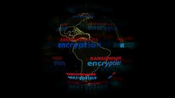 World map with ransomware encryption digital text and blur ray rotating video