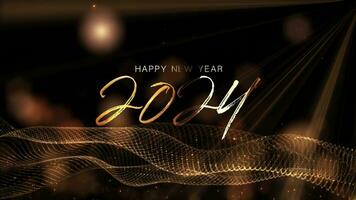 Happy New Year 2024 golden text with gold bokeh video