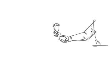 Self drawing animation of single line draw happy business woman and businessman handshaking their business partner. Great teamwork. Business deal concept. Continuous line draw. Full length animated video