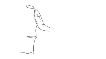 Self drawing animation of single line draw hand businessmen gesture in suite handshaking his business partner. Great teamwork. Business deal cooperation. Continuous line draw. Full length animated video