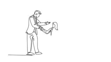 Animated self drawing of continuous line draw company manager meet and handshaking employee candidates while sitting on chair to take job interview at front office. Full length one line animation video