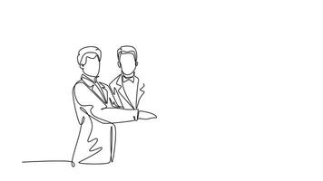 Self drawing animation of single line draw happy businessmen and business women handshaking each other. Great teamwork commitment. Business deal concept. Continuous line draw. Full length animated video