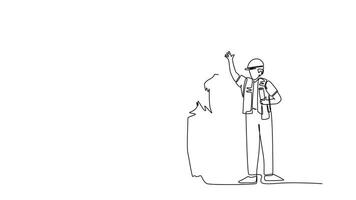 Animated self drawing continuous line draw woman architect and builder wearing construction vest fist their hands up the air to celebrate a project deal. Great teamwork. Full length one line animation video