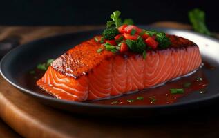Salmon steak with Lemon Butter Sauce, Generative AI Illustration. photo