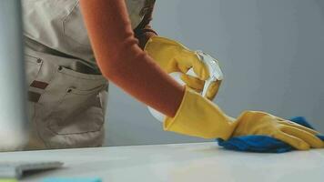 Cleaning company employee wipes dust from table in office video