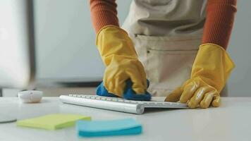 Cleaning company employee wipes dust from table in office video