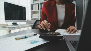 Financial Business team present. Business man hands hold documents with financial statistic stock photo, discussion, and analysis report data the charts and graphs. Finance Financial concept video