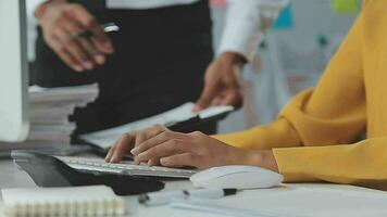 Financial Business team present. Business man hands hold documents with financial statistic stock photo, discussion, and analysis report data the charts and graphs. Finance Financial concept video