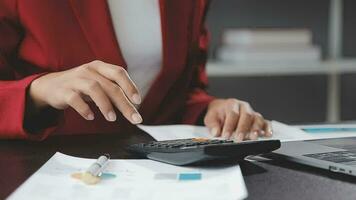 Financial Business team present. Business man hands hold documents with financial statistic stock photo, discussion, and analysis report data the charts and graphs. Finance Financial concept video