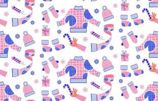 New Year pattern from winter clothes in flat style. Vector background with Christmas elements. For printing on packaging paper, fabric.