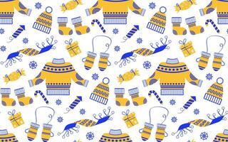 New Year pattern from winter clothes in flat style. Vector background with Christmas elements. For printing on packaging paper, fabric.