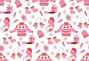 New Year pattern from winter clothes in flat style. Vector background with Christmas elements. For printing on packaging paper, fabric.