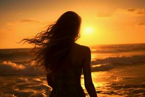 Girl on beach sunset view. Generate Ai photo