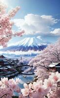 Cherry blossom field with fuji mountain, Generative AI Illustration. photo