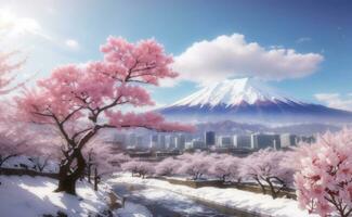 Cherry blossom field with fuji mountain, Generative AI Illustration. photo