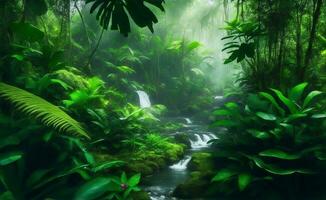 Green beautifull jungle background, Generative AI Illustration. photo