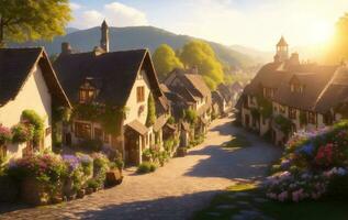Village with hills and flowers garden, Generative AI Illustration. photo