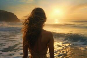 niña en playa puesta de sol. generar ai foto