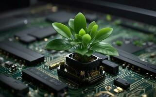 Little plant growing on computer mainboard, Generative AI Illustration. photo