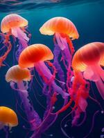 Colorful jellyfish under the sea, Generative AI Illustration. photo
