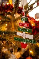 decorations for the holidays on a green Christmas tree in close-up photo