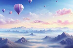 Sky mountains clouds balloons. Generate Ai photo