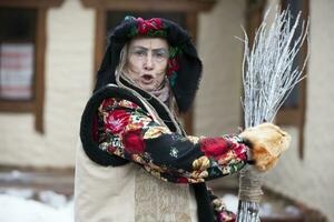 Baba Yaga. Fairy tale character evil grandmother from Russian fairy tale. Halloween costume. photo