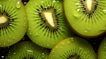 kiwi rebanadas con agua antecedentes. cerca arriba, agua gotas. generativo ai foto