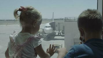 Siblings are interested in planes behind the glass. Waiting at the airport video