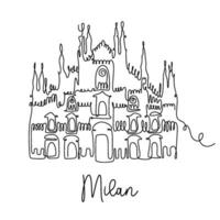 Milán continuo línea ilustración. duomo catedral - símbolo de italiano ciudad. mundo famoso sitio en Milán, Italia. minimalista soltero línea vector impresión.