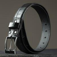 Black leather belt on a dark background. Men's belt. photo