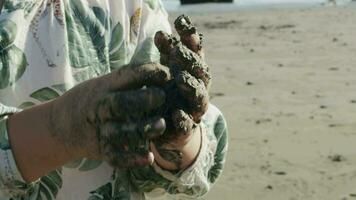 peu enfant est curieuse à propos noir le sable la modélisation. vacances à le bord de mer video