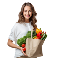 femme avec papier sac avec des légumes png