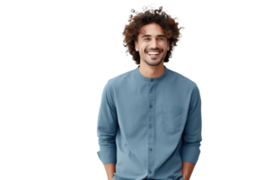 A curly haired man smiling against a white background png