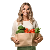 mujer con papel bolso con vegetales png