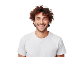 A curly haired man smiling against a white background png