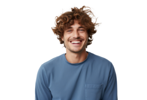 A curly haired man smiling against a white background png