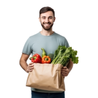 femme avec papier sac avec des légumes png