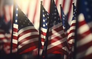 Patriotic american flags against blurred background photo
