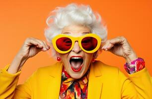 Cool old woman on vivid background photo