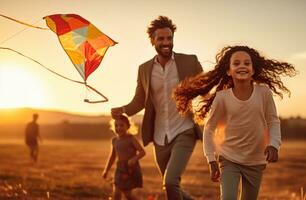 People are running through the field with a kite flying in the wind photo