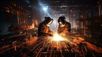 Workers are welding metal at an industrial factory photo