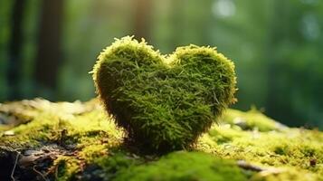 Moss heart at the forest, in the style of romantic and nostalgic themes photo