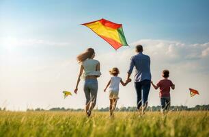 People are running through the field with a kite flying in the wind photo