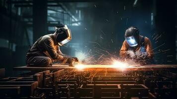 trabajadores son soldadura metal a un industrial fábrica foto