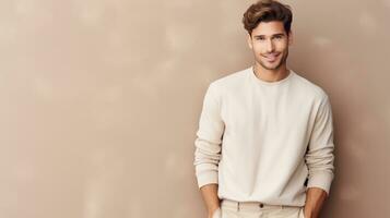 Beige fashion background with model man photo