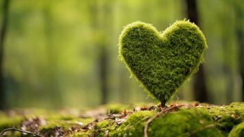 Moss heart at the forest, in the style of romantic and nostalgic themes photo