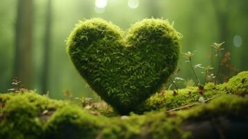 Moss heart at the forest, in the style of romantic and nostalgic themes photo