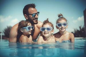 Young father child pool. Generate Ai photo