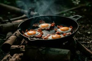 Camping breakfast eggs pan. Generate Ai photo
